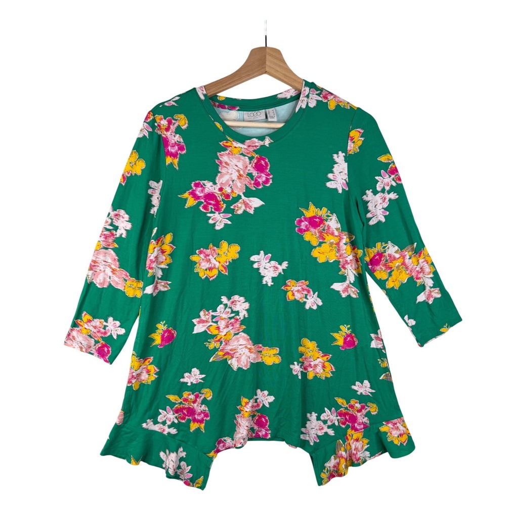 LOGO By Lori‎ Goldstein Rayon 230 Floral Print 3/4 Sleeve Top Size XS Green